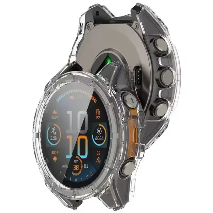 Clear protective case for Garmin Fenix 8 43mm series by Habicare, shown fitted to the watch for added protection.