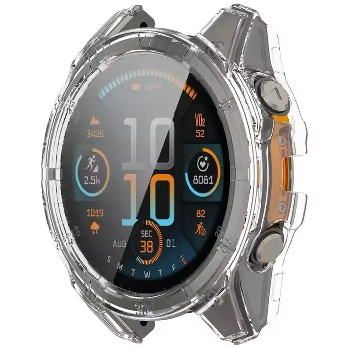 Clear protective case for Garmin Fenix 8 43mm series watch by Habicare, showcasing transparent, durable coverage for the smartwatch.