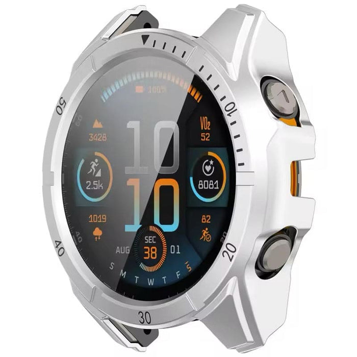 Silver protective case for Garmin fenix 8 43mm series smartwatch, shown on a digital watch in a close-up view.