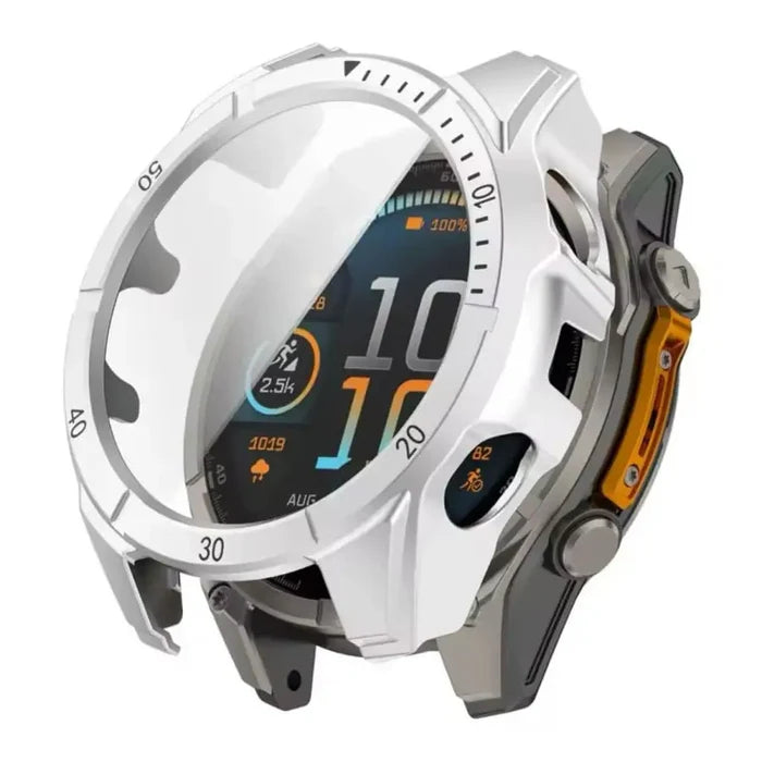 Silver protective case for Garmin Fenix 8 51mm series watch by Habicare, designed to shield and enhance the watch's appearance.