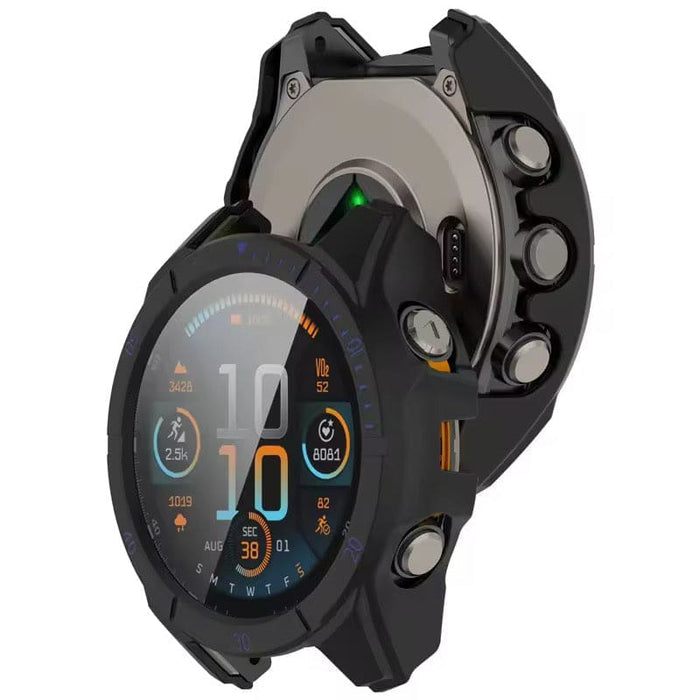 Black protective watch case for Garmin fenix E 47mm series, rugged design, offers durable protection for the smartwatch.