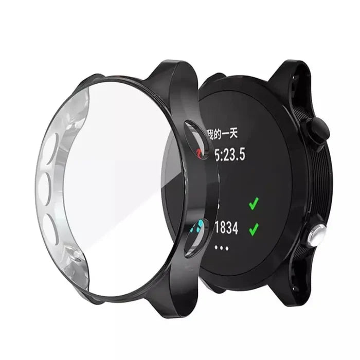 Black Habicare protective watch case for Garmin Forerunner 245 series, designed to safeguard the watch with durable, snug fit protection.
