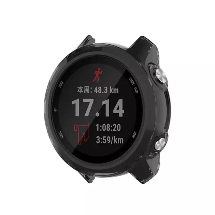 Black Habicare protective case for Garmin Forerunner 245 Series watch, designed to safeguard the smartwatch.
