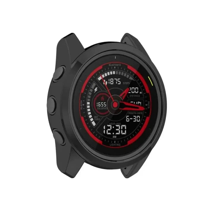 Black Habicare protective watch case for Garmin Forerunner 245 series, shown fitted over the smartwatch, providing durable protection.