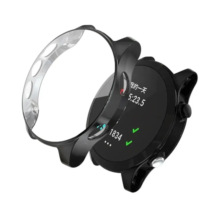 Black Habicare protective watch case for Garmin Forerunner 245 series, designed to safeguard the smartwatch from scratches and impacts.
