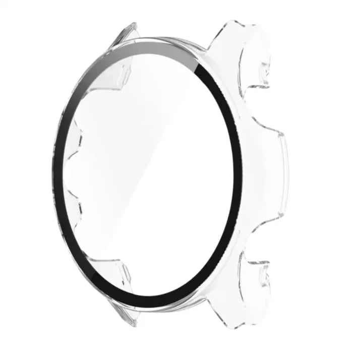 Clear protective case for Garmin Forerunner 255 watch by Habicare, showing the transparent cover on the watch face and band.