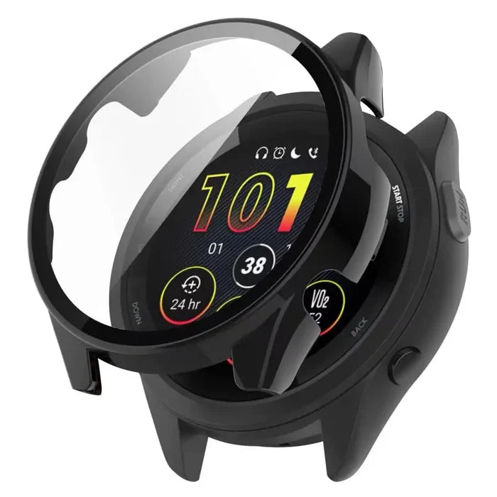 Black Habicare protective case for Garmin Forerunner 265 watch, designed to shield the device from scratches and impacts.