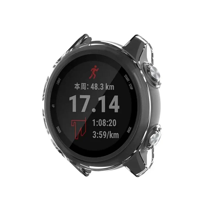 Clear protective case for Garmin Forerunner 745 watch by Habicare, showcasing a transparent, snug-fitting watch cover.