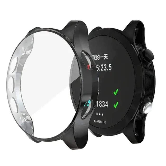 Black Habicare protective watch case for Garmin Forerunner 945, designed to safeguard the smartwatch with durable, snug fit.