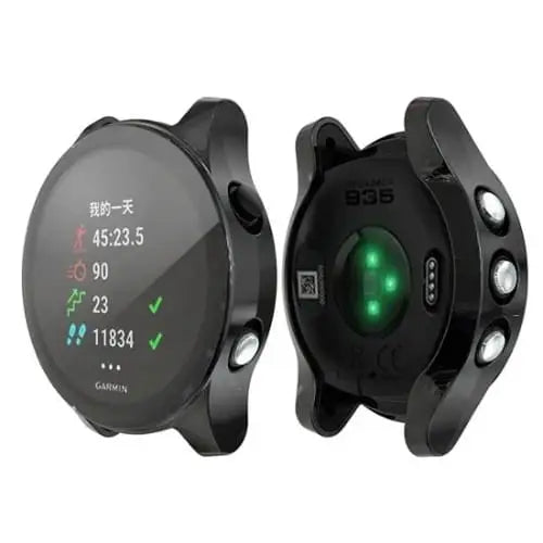 Black Habicare protective watch case for Garmin Forerunner 945, designed to safeguard the smartwatch from scratches and impacts.