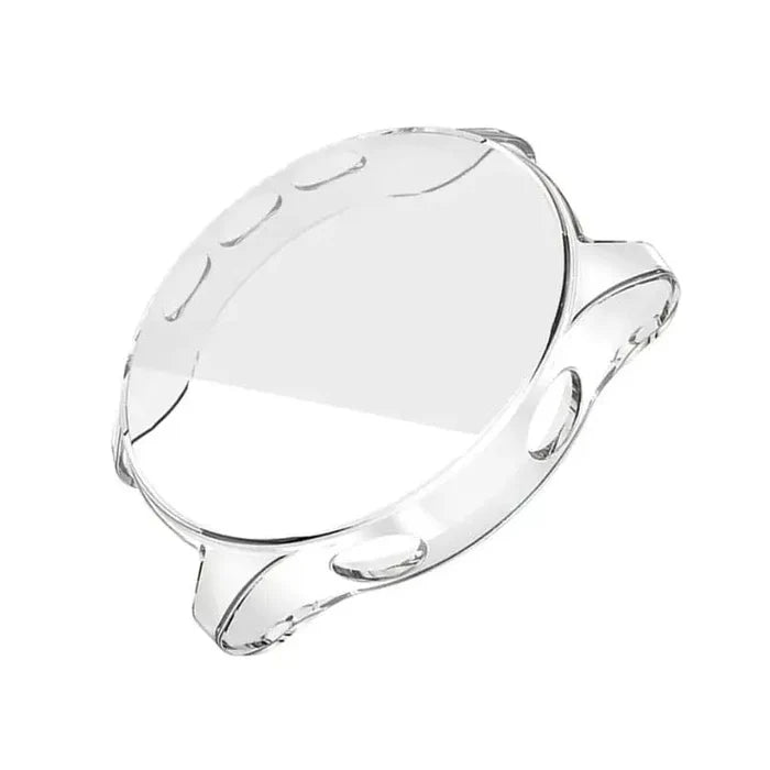 Clear protective case for Garmin Forerunner 945 watch by Habicare, shown on the watch highlighting its transparent design.