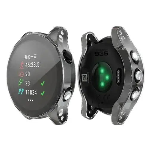 Clear protective case for Garmin Forerunner 945 watch, made by Habicare, showing a transparent cover fitted on the watch.