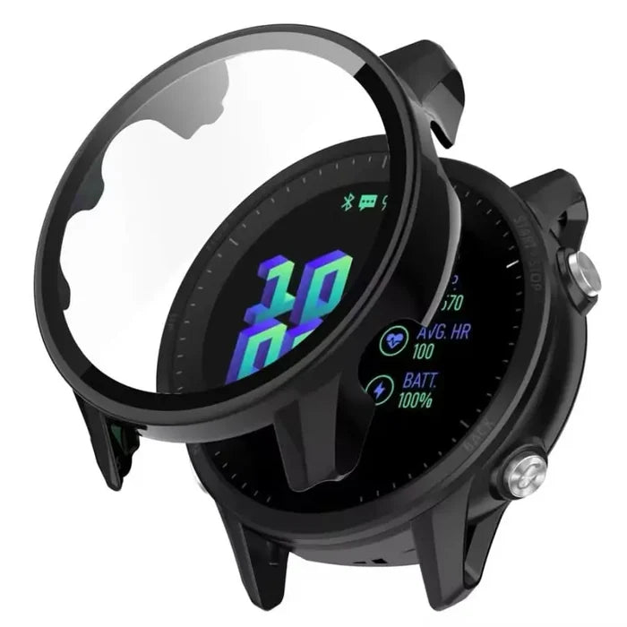 Black Habicare protective watch case for Garmin Forerunner 955, providing durable coverage and protection for the smartwatch.