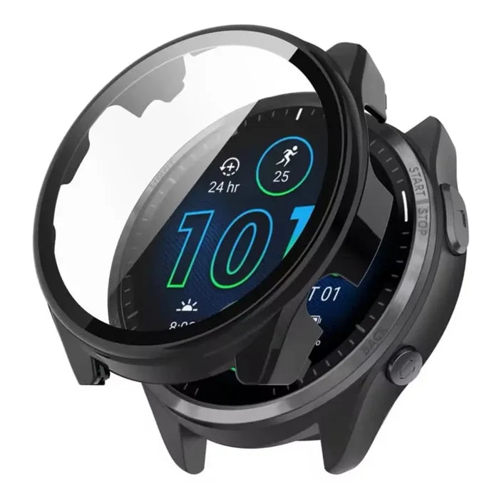 Black Habicare protective watch case for Garmin Forerunner 965, designed to safeguard the smartwatch.