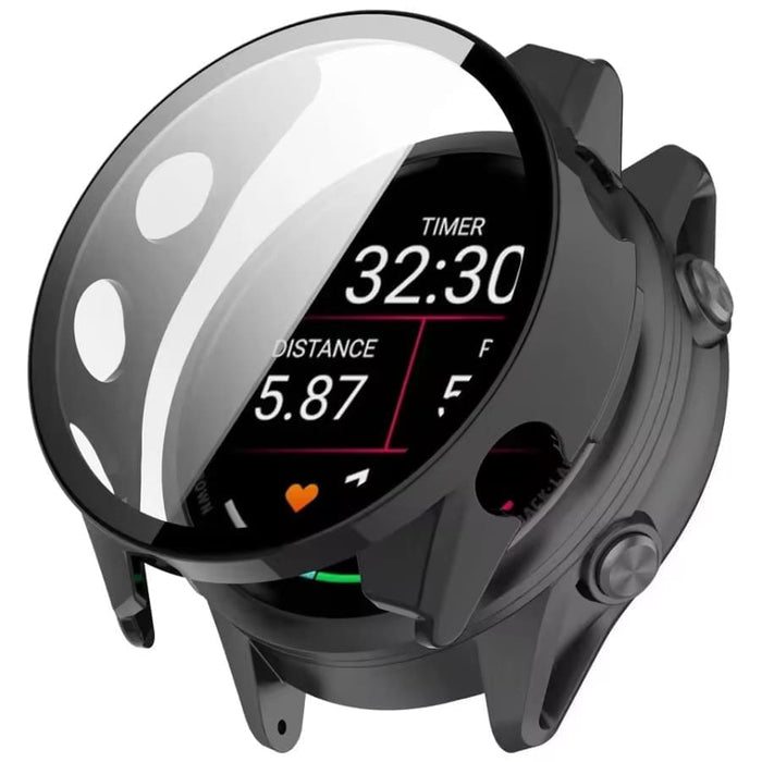 Black Garmin Forerunner 970 watch case showing protective cover with precise cutouts for buttons and screen.