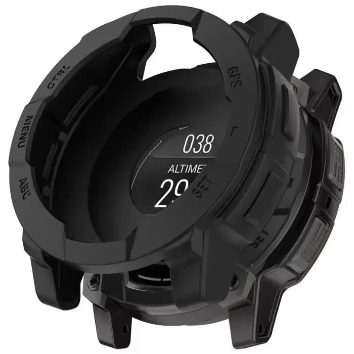 Black Habicare protective case for Garmin Instinct 3 45mm watch, offering durable coverage and style.