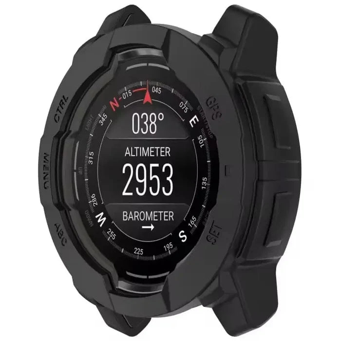 Black Habicare protective case for Garmin Instinct 3 45mm watch, designed to shield and protect the watch from scratches and impacts.