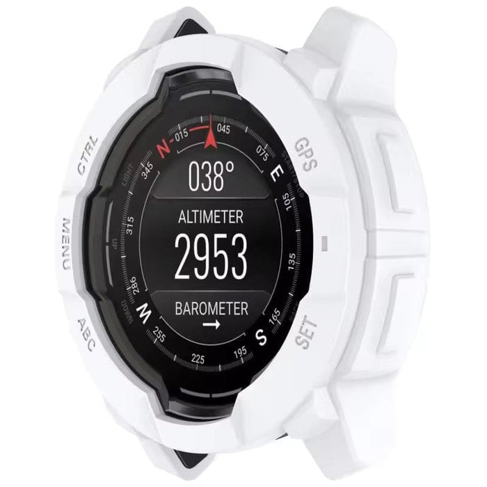 White protective watch case for Garmin Instinct 3 (45mm) with digital compass, designed for durability and style.