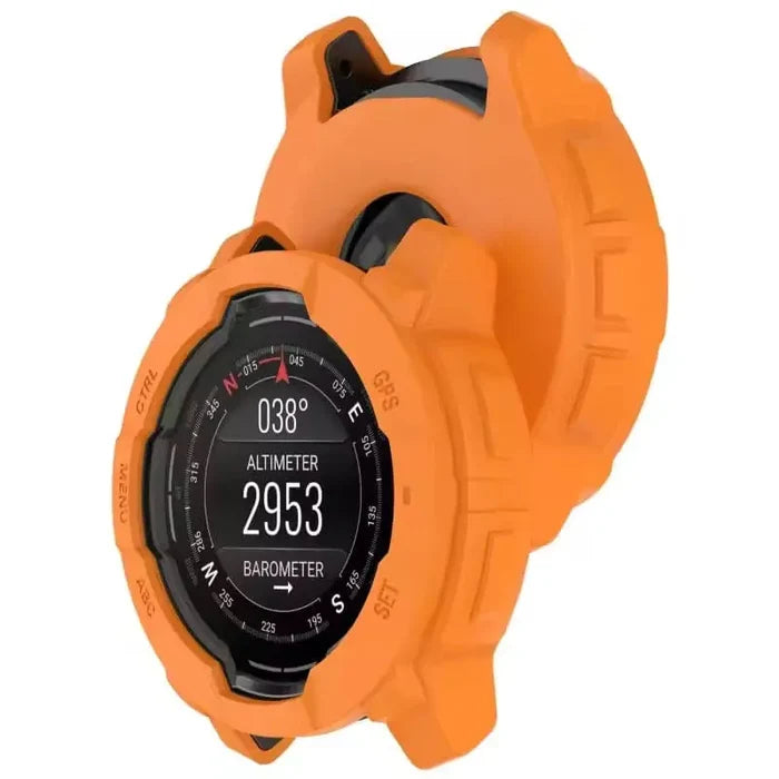 Orange Habicare protective watch case for Garmin Instinct 3 (50mm), durable cover safeguarding the watch from impacts and scratches.