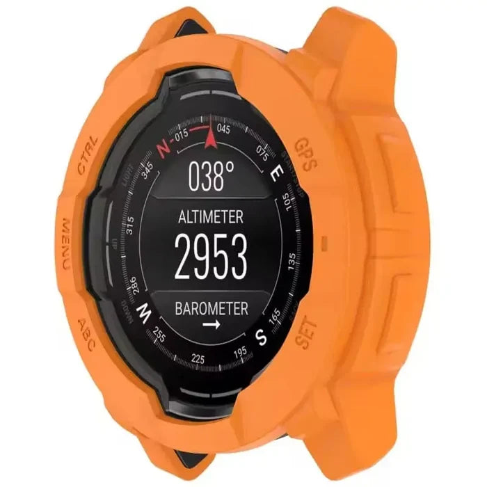 Orange Habicare protective watch case for Garmin Instinct 3 (50mm), provides durable coverage and style for outdoor use.