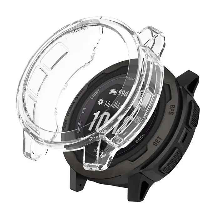 Clear protective case for Garmin Instinct watch by Habicare, showing the transparent, snug-fitting watch cover.