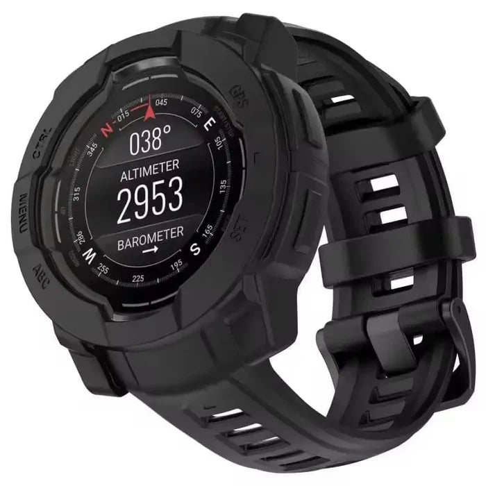 Black Habicare protective watch case for Garmin Instinct E 45mm, designed to safeguard the watch with durable, form-fitting protection.