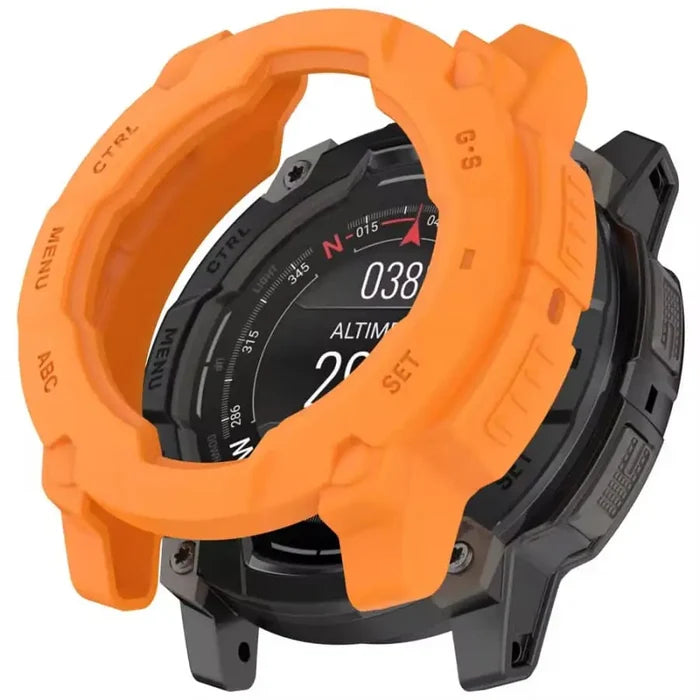 Orange Habicare protective case for Garmin Instinct E 45mm watch, offering durable coverage and a secure fit.