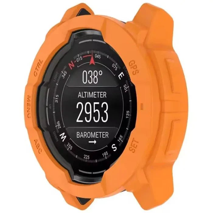 Orange Habicare protective case for Garmin Instinct E 45mm smartwatch, showing a durable watch case covering the device.