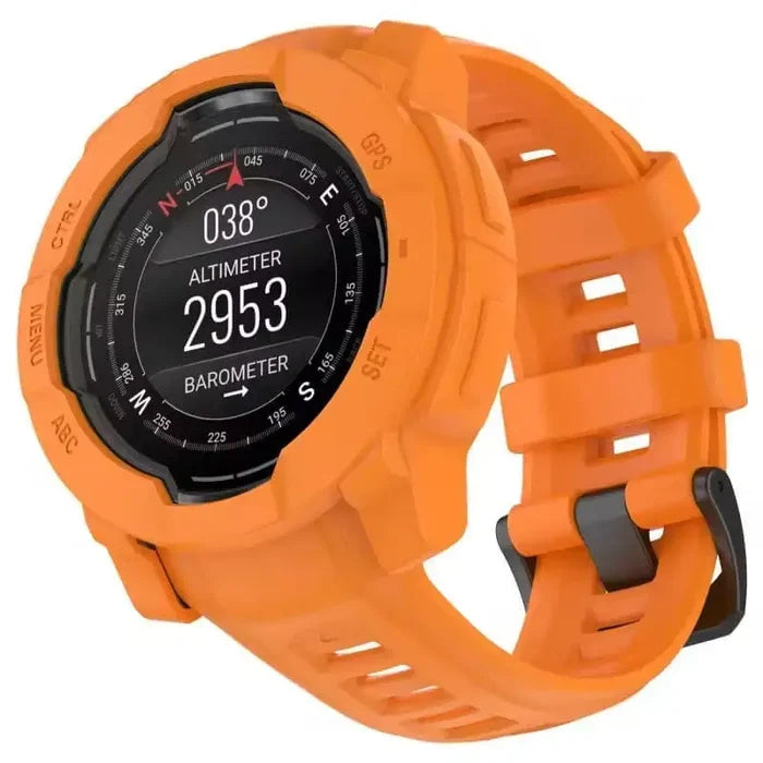 Orange Habicare protective case for Garmin Instinct E 45mm watch, durable silicone cover with precise cutouts.