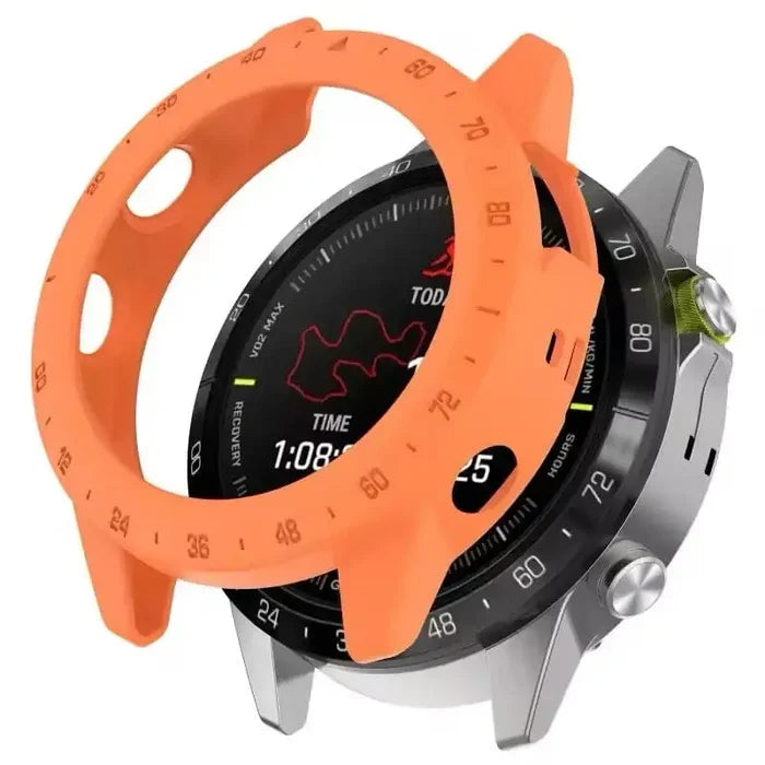 Orange protective watch case for Garmin MARQ series by Habicare,Designed to shield and personalize the smartwatch.