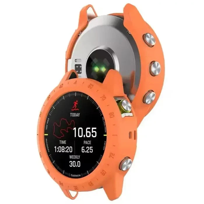 Orange Habicare protective watch case for Garmin MARQ Series, made of durable material, covers and safeguards the watch.