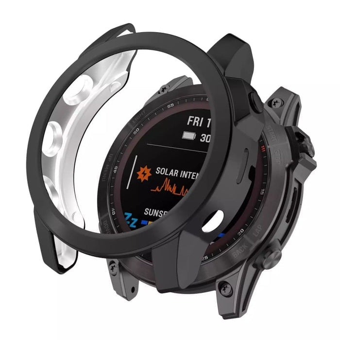 Black protective watch case for Garmin quatix 5, designed to safeguard the Garmin marine watch.