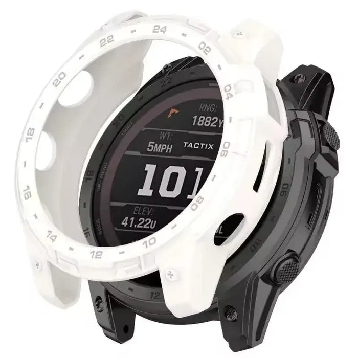 White Habicare protective case for Garmin Tactix 7 watch, showing a slim, durable cover fitting the smartwatch securely.