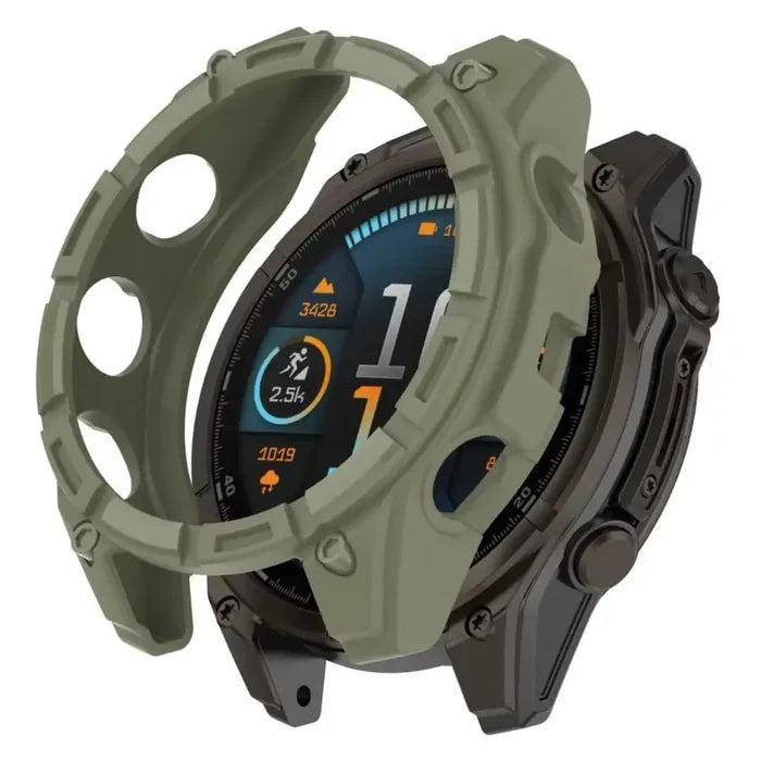 Green Habicare protective watch case for Garmin Tactix 8 47mm, designed to shield and secure the smartwatch.