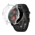 Clear protective watch case for Garmin Venu 2 Plus, transparent silicone cover by That Watch Shop, fits snugly around the smartwatch.