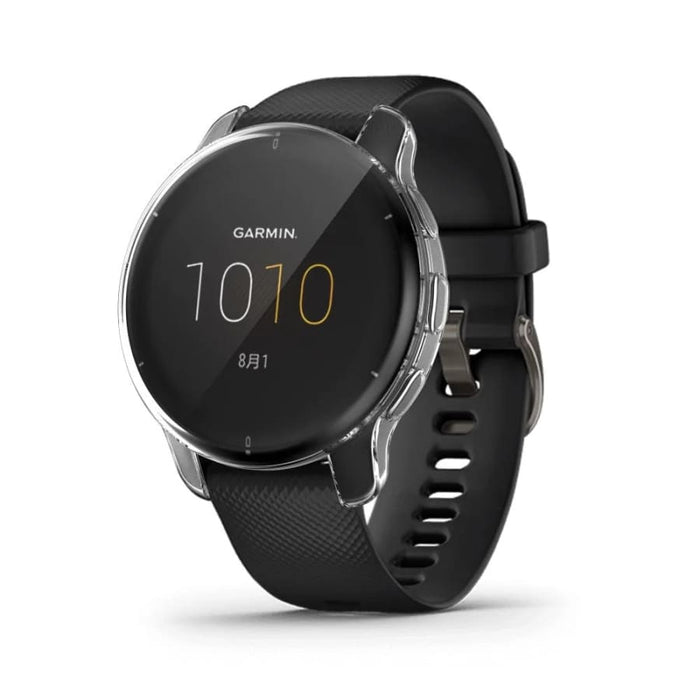 Clear protective case for Garmin Venu 2 Plus watch, made by That Watch Shop, shown on the watch face with a sleek, transparent design.