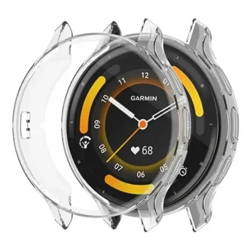Clear protective case for Garmin Venu 3S smartwatch by Habicare, showing a transparent, durable cover fitting the watch.
