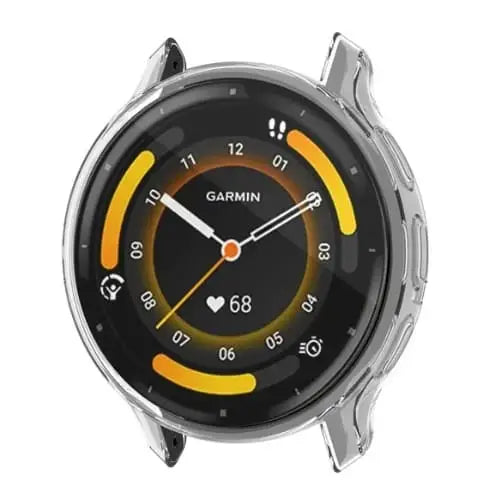Clear protective case for Garmin Venu 3S watch by Habicare, shown fitted on the watch with transparent design.