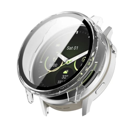 Clear protective case for Garmin Venu 4 45mm smartwatch, with ring, providing screen protection and style.