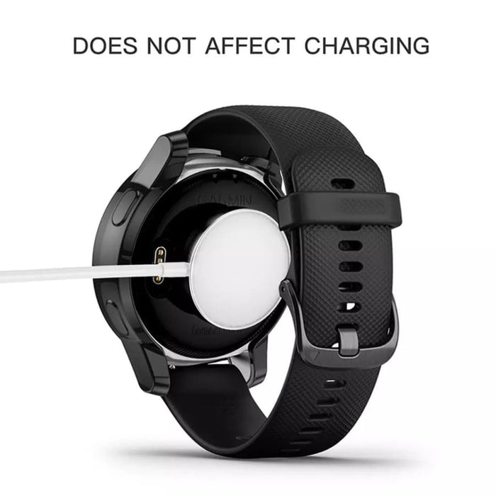 Black protective case for Garmin Venu watch with white dial, designed to safeguard the device from scratches and impacts.
