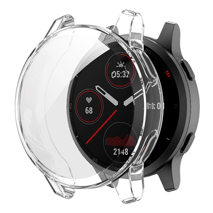Clear protective watch case for Garmin Venu, transparent and snug-fitting, designed to safeguard the Garmin Venu smartwatch.