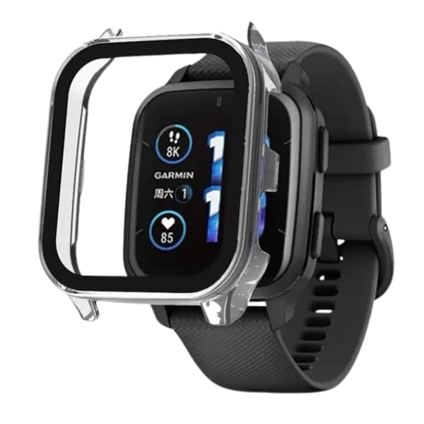 Clear protective watch case for Garmin Venu Sq 2 Series, made by That Watch Shop, shown fitted on the smartwatch.