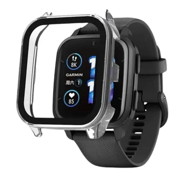 Clear protective case for Garmin Venu Sq 2 Series watch by Habicare, shown fitted on the watch with transparent plastic cover.