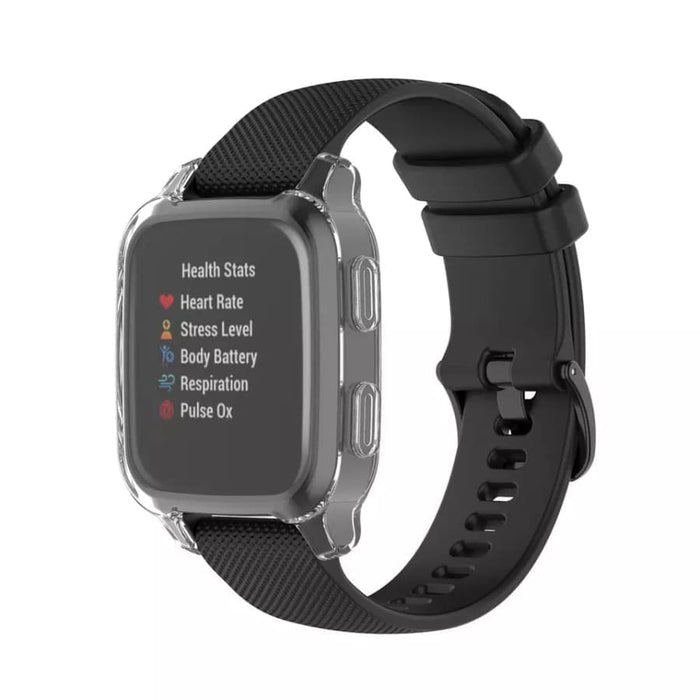 Clear protective watch case for Garmin Venu Sq 2 Series, made by That Watch Shop, shown on a smartwatch.