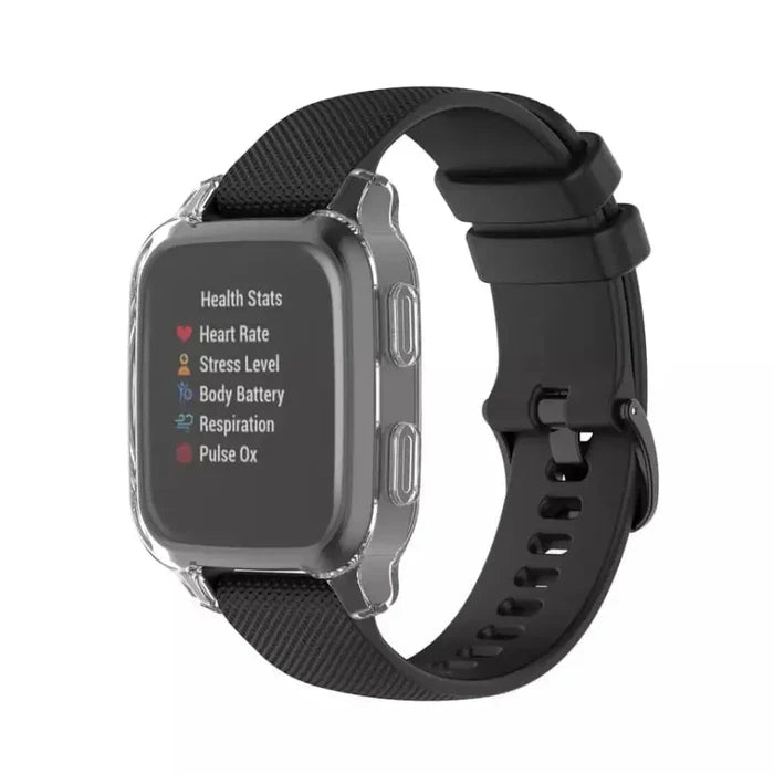 Clear protective case for Garmin Venu Sq 2 Series watch by Habicare, shown fitted on the watch with a transparent design.