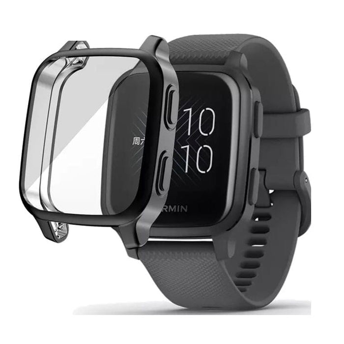 Black protective watch case for Garmin Venu Sq Series, designed to shield the smartwatch from scratches and impacts.