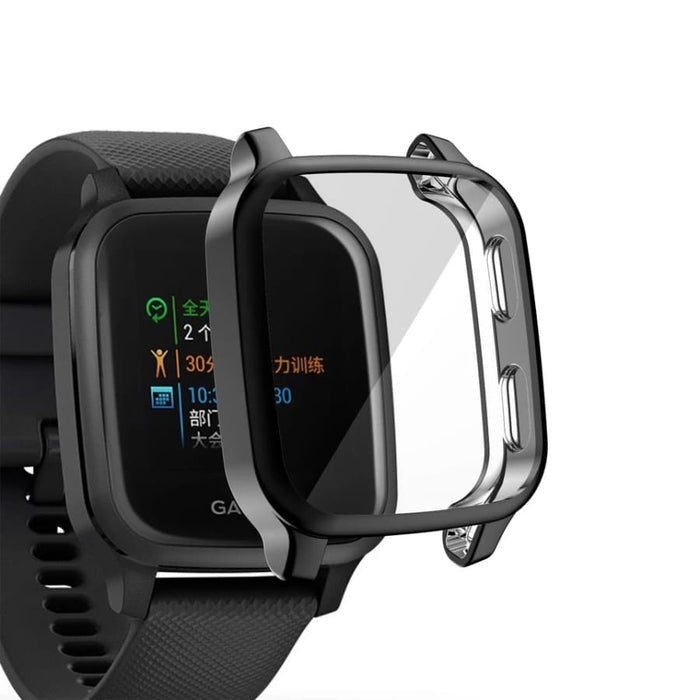 Black protective watch case for Garmin Venu Sq Series, designed to safeguard the smartwatch.