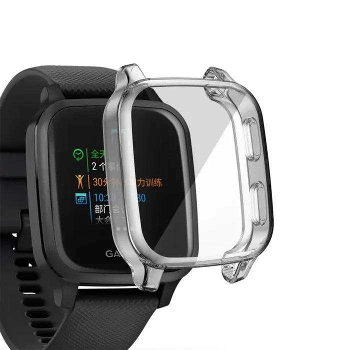 Clear protective case for Garmin Venu Sq Series watch by Habicare, showcasing a transparent, durable cover for the smartwatch.