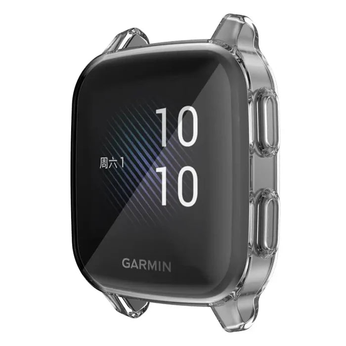 Clear protective case for Garmin Venu Sq Series watch by Habicare, showing the transparent plastic cover on the watch face.