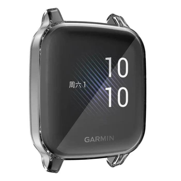 Clear protective case for Garmin Venu Sq Series by Habicare, shown fitted on the smartwatch, highlighting its slim, transparent design.